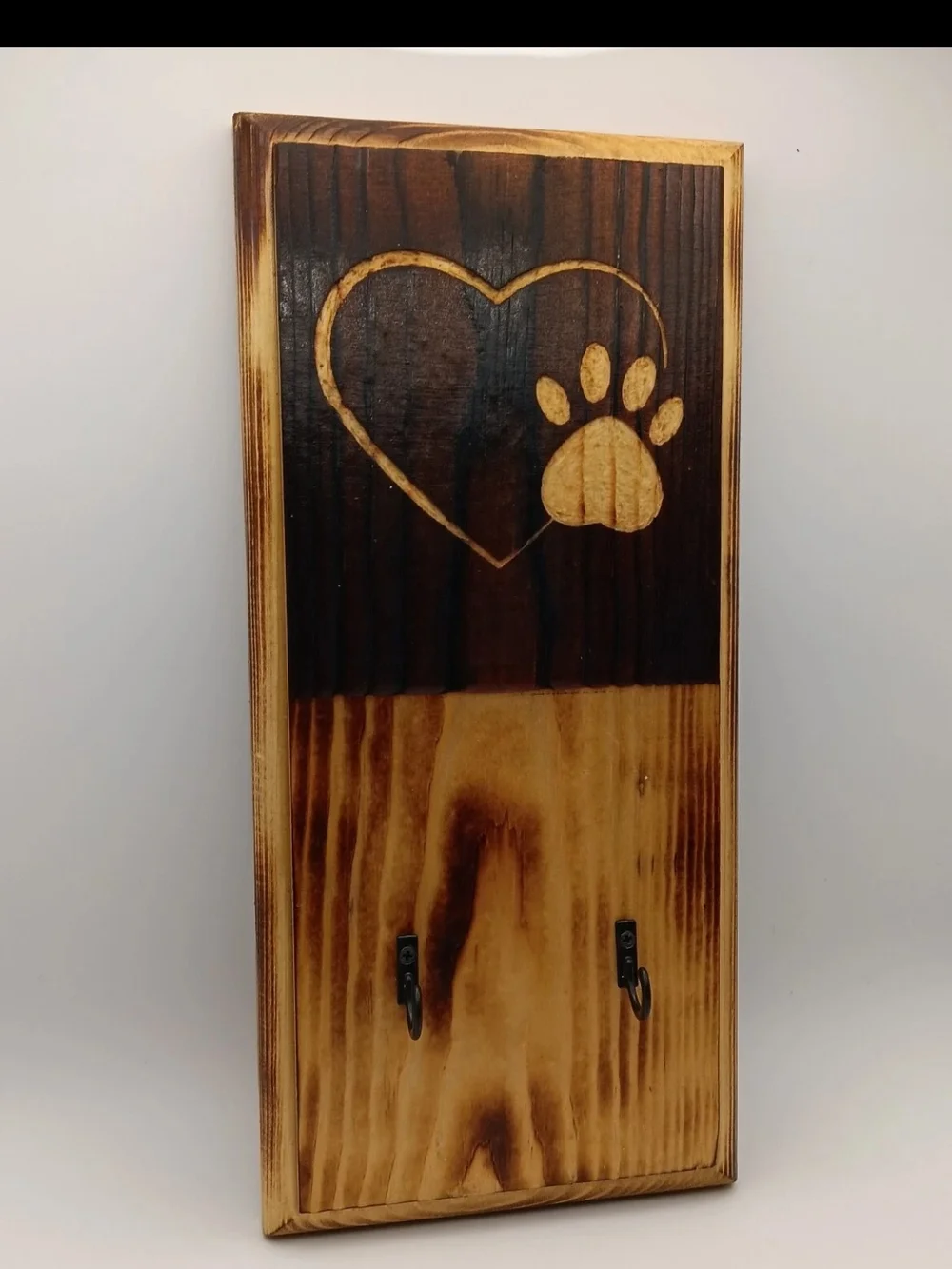 Wood Burned Key Holder Rustic Heart & Paw